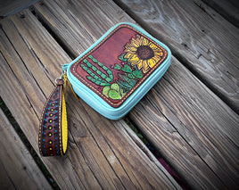 Custom Leather Hand Tooled Pill Organizer with Hand Painted Sunflowers and Cactus