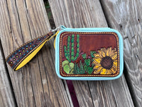 Custom Leather Hand Tooled Pill Organizer with Hand Painted Sunflowers and Cactus