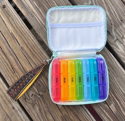 Custom Leather Hand Tooled Pill Organizer with Hand Painted Sunflowers and Cactus
