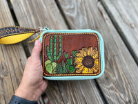 Custom Leather Hand Tooled Pill Organizer with Hand Painted Sunflowers and Cactus