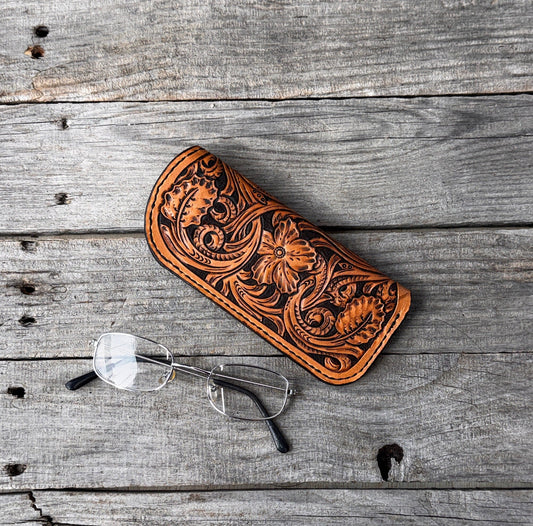 Floral Carved Leather Eye Glass Case
