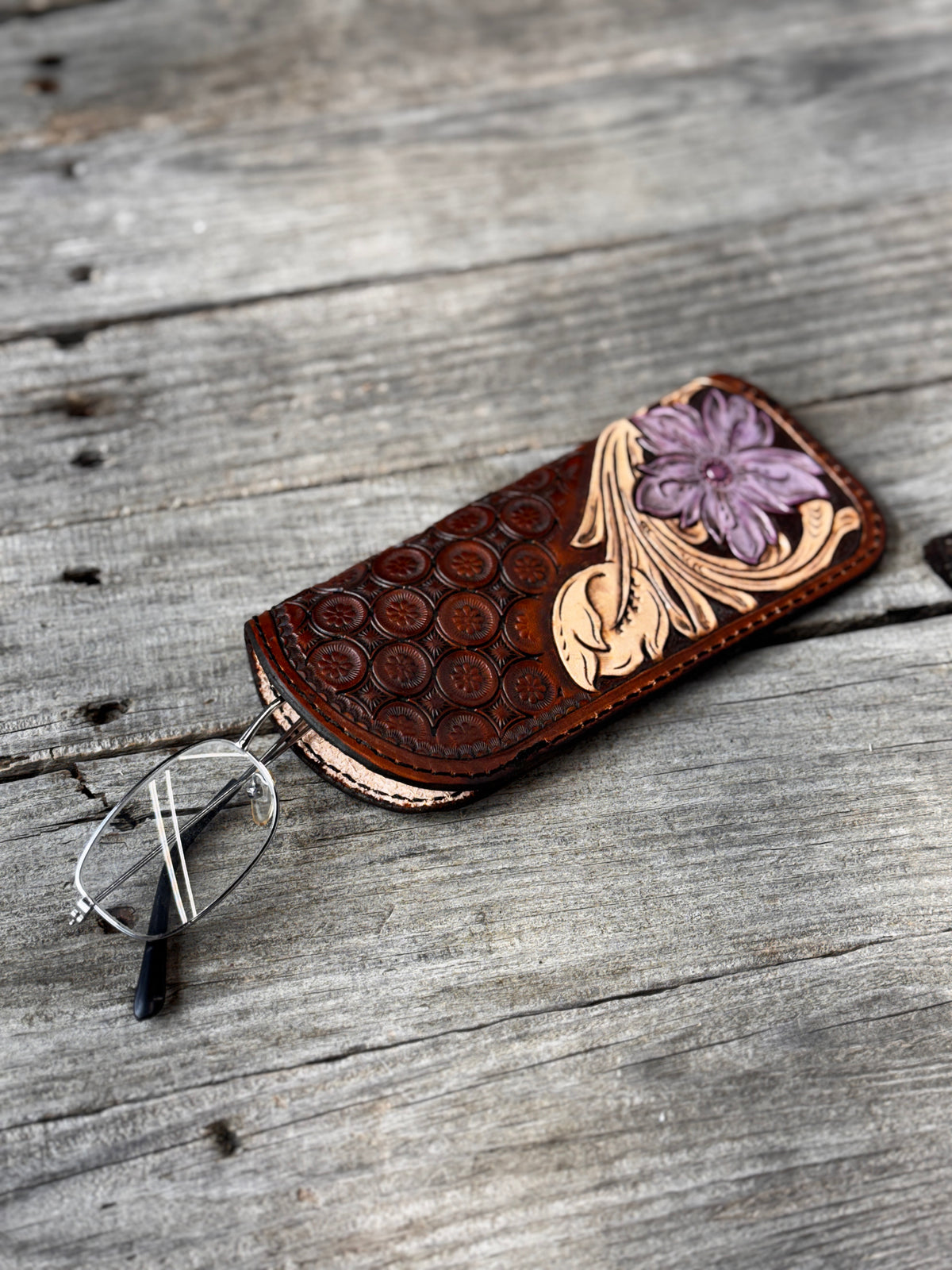 Hand Carved Purple Floral Leather Eyeglass Case
