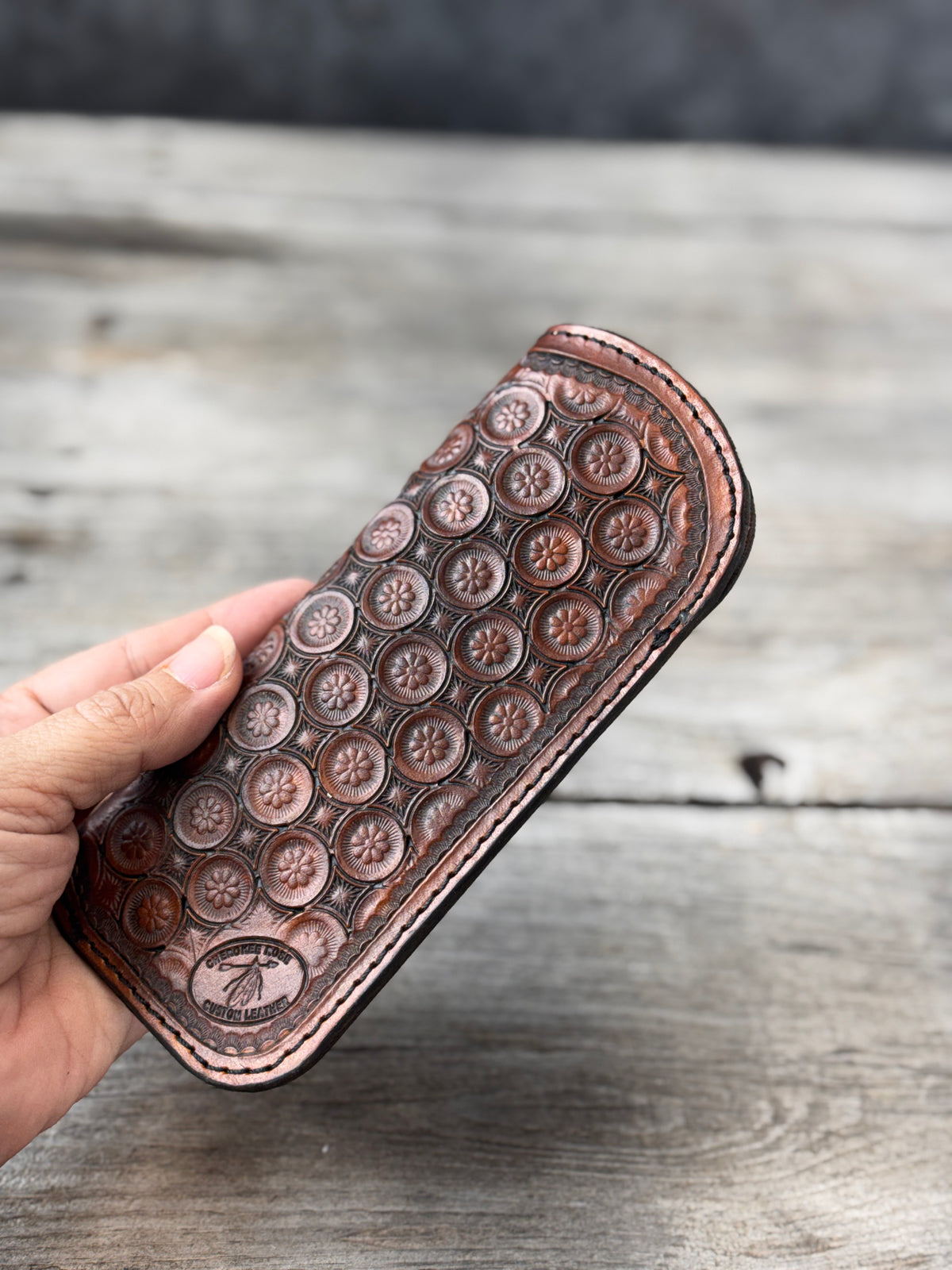 Hand Carved Purple Floral Leather Eyeglass Case