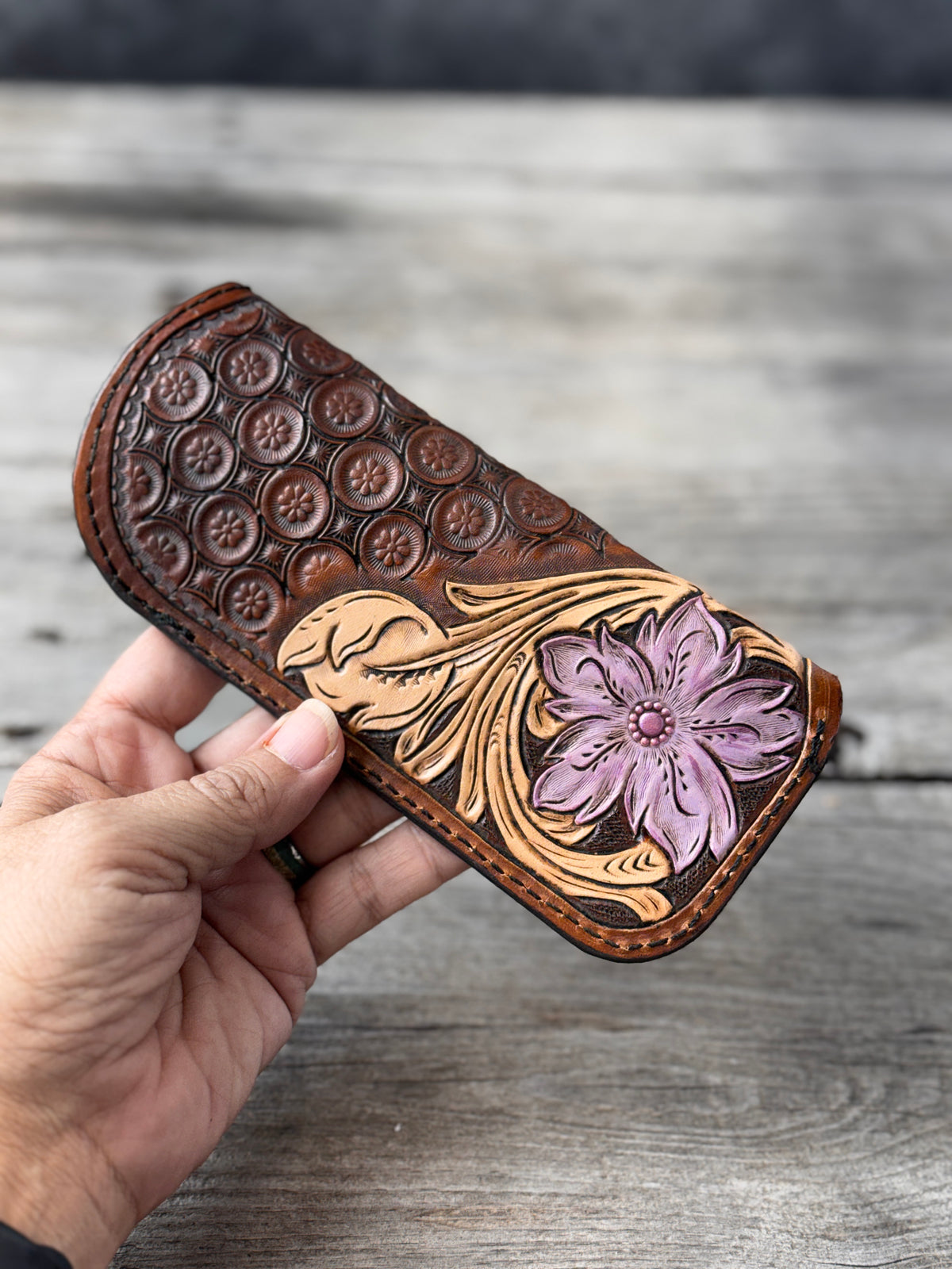 Hand Carved Purple Floral Leather Eyeglass Case