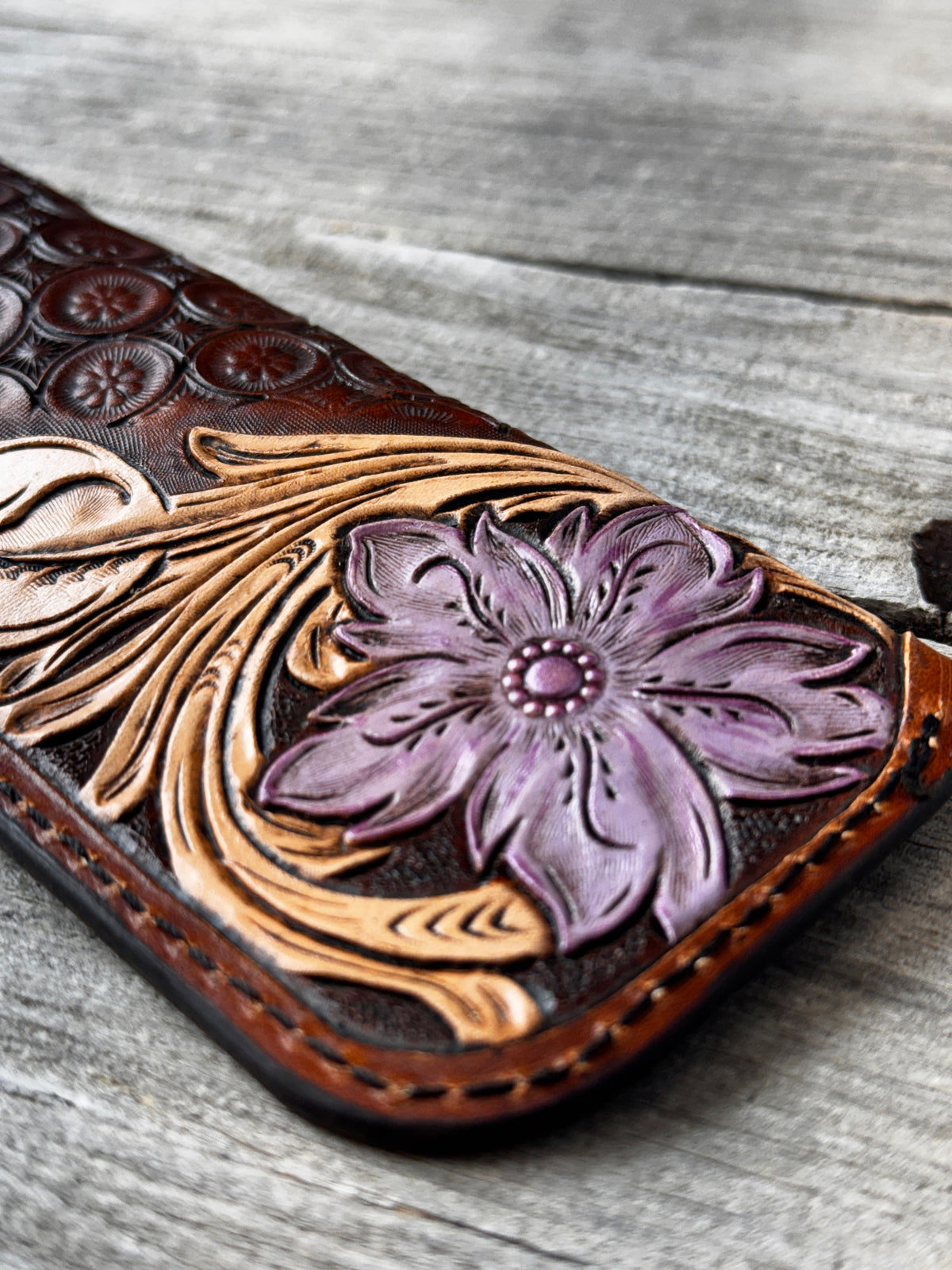 Hand Carved Purple Floral Leather Eyeglass Case