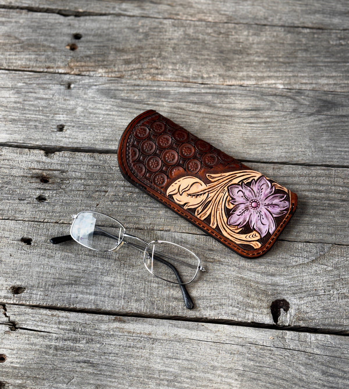 Hand Carved Purple Floral Leather Eyeglass Case