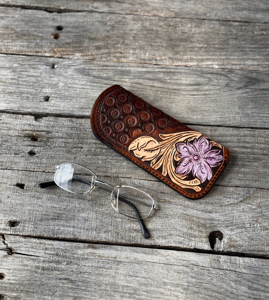 Hand Carved Purple Floral Leather Eyeglass Case