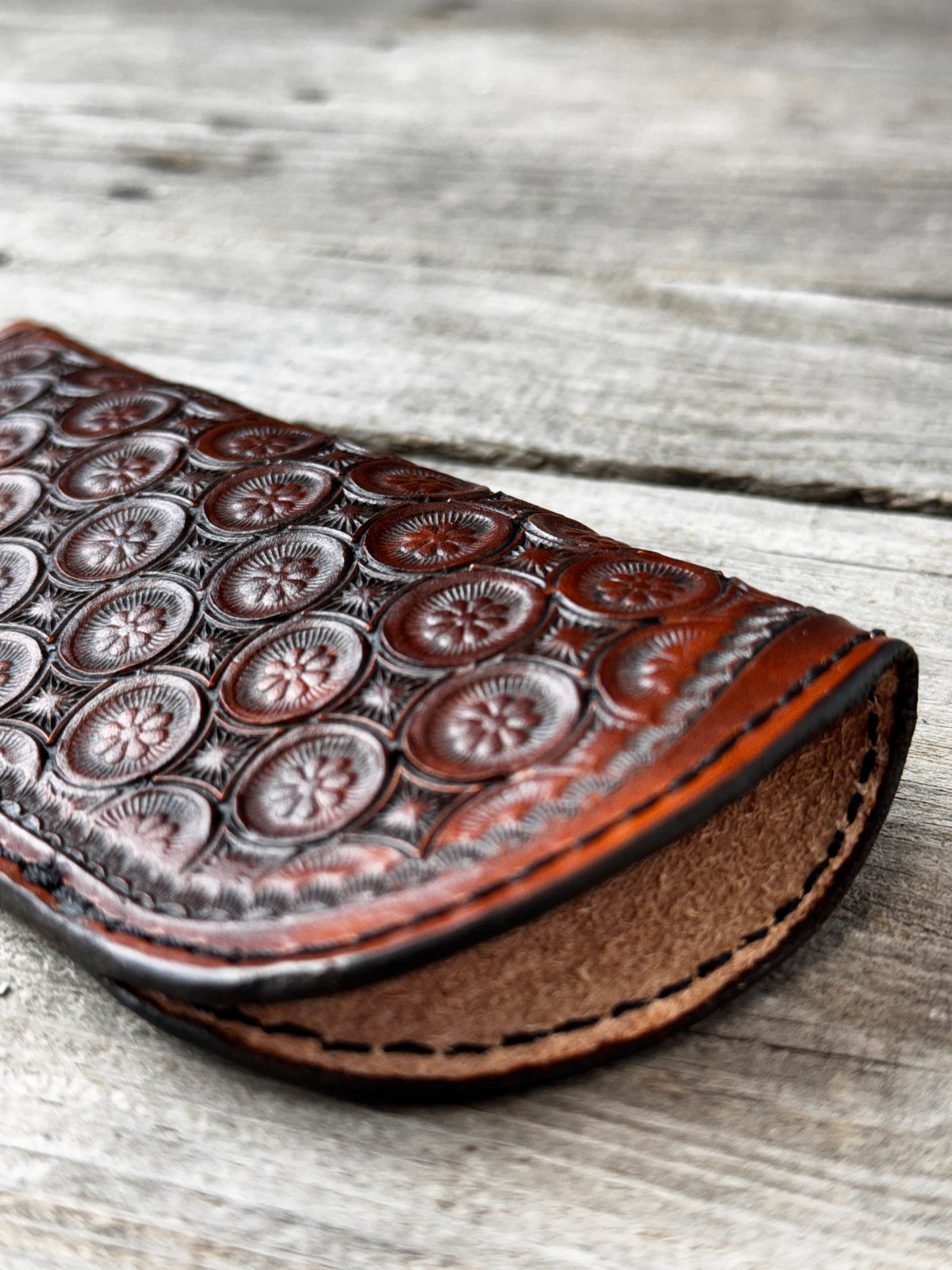 Hand Carved Purple Floral Leather Eyeglass Case