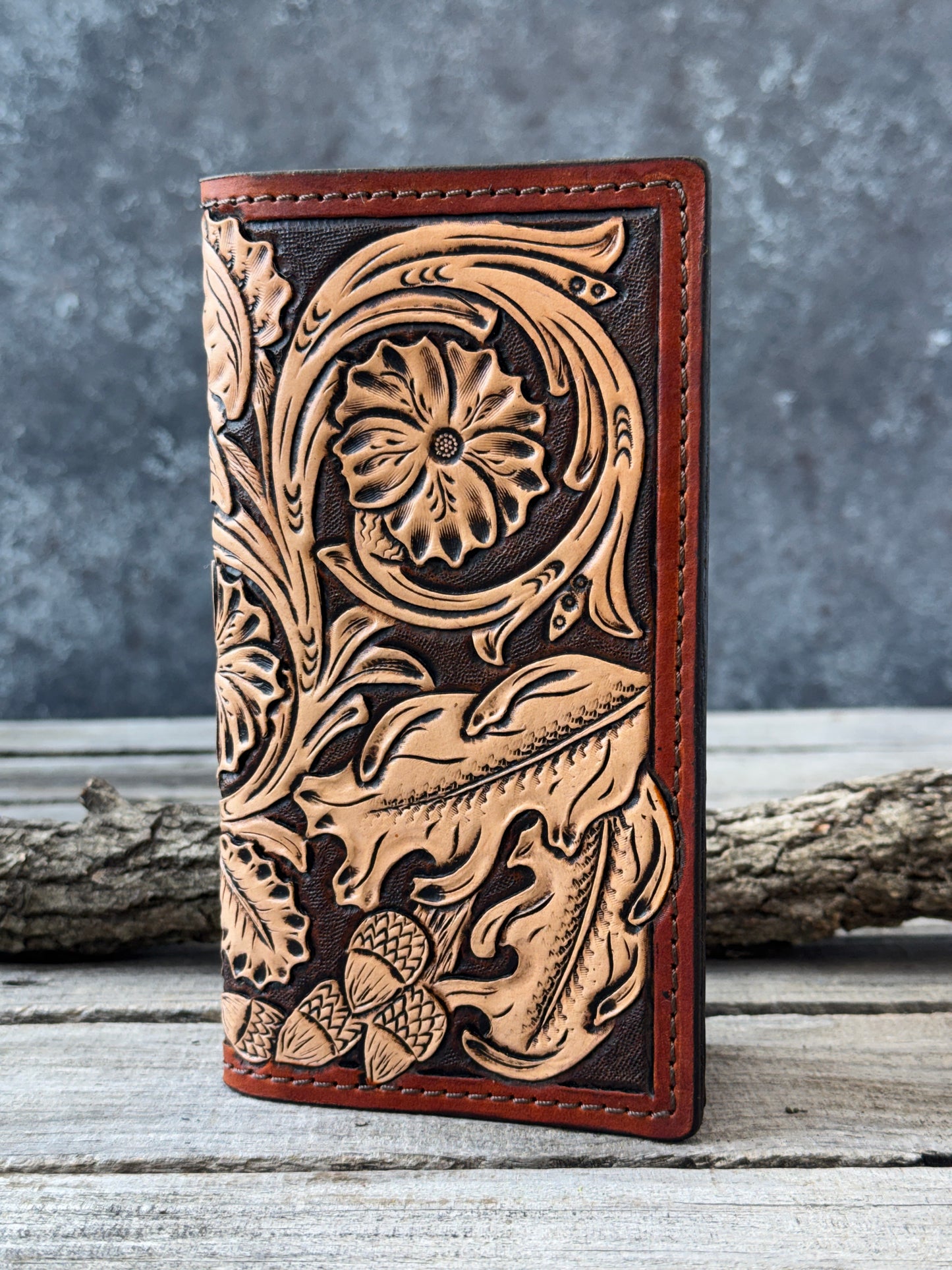 Floral Carved Leather Roper Style Long Wallet