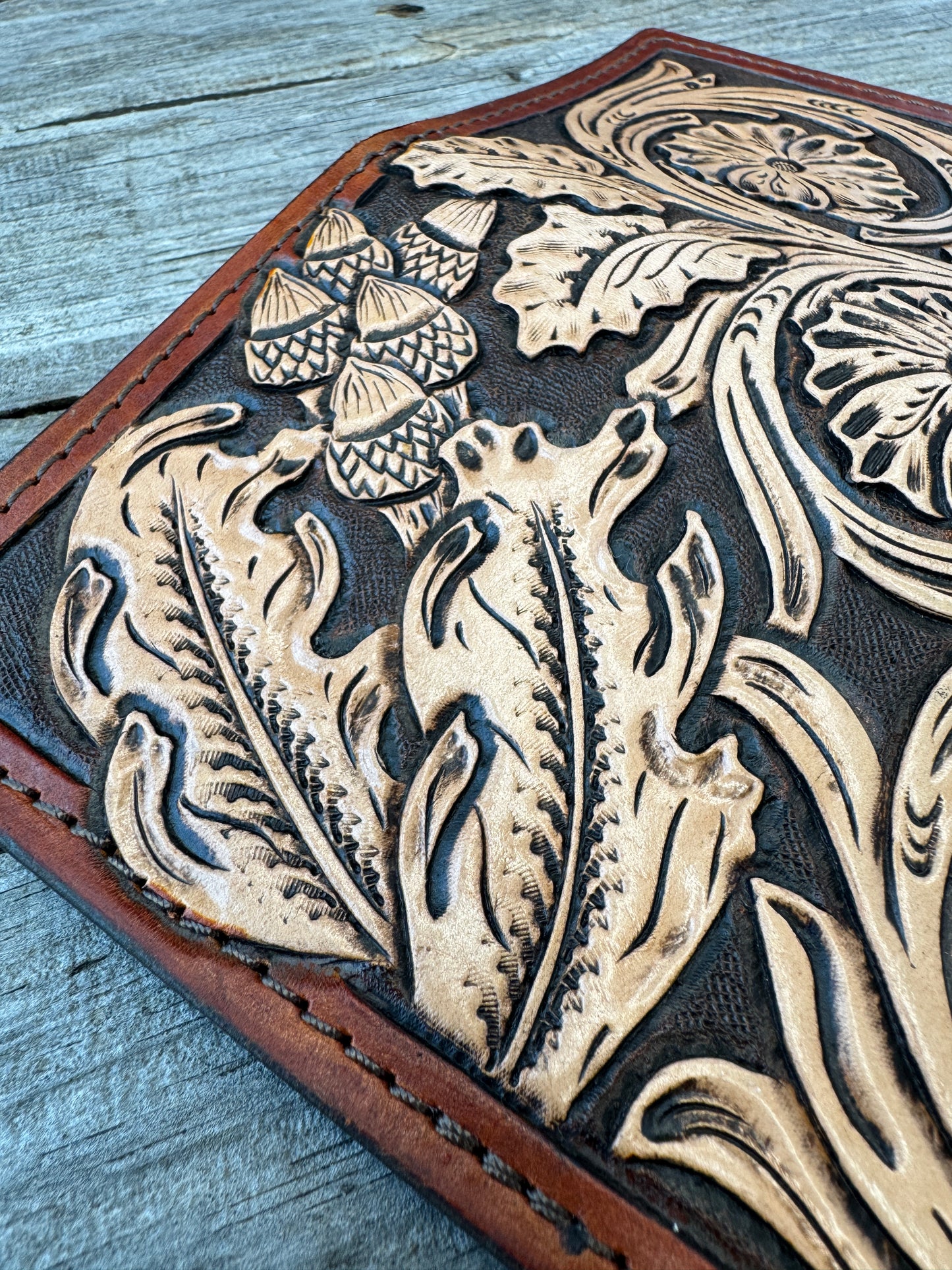 Floral Carved Leather Roper Style Long Wallet