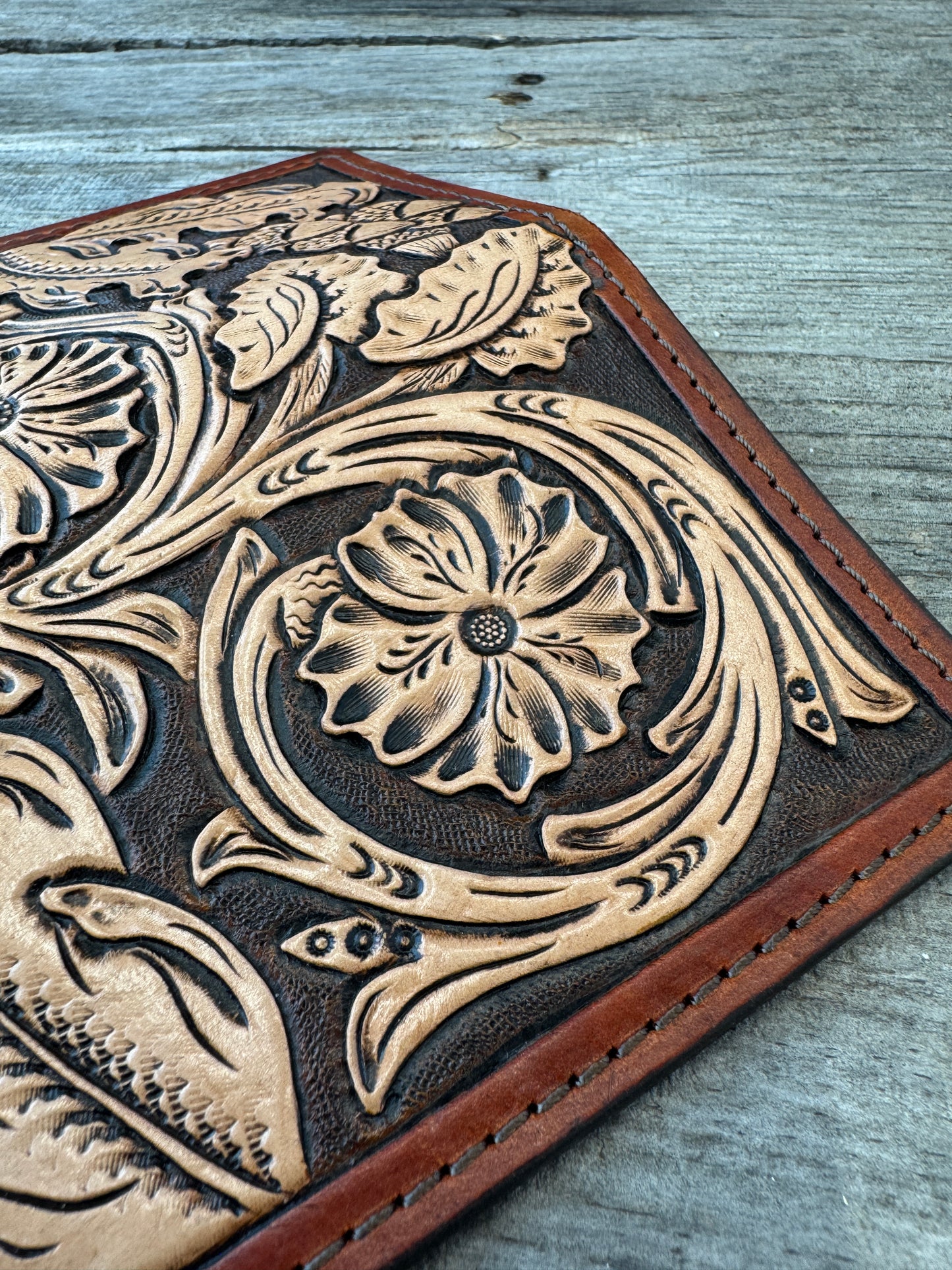 Floral Carved Leather Roper Style Long Wallet