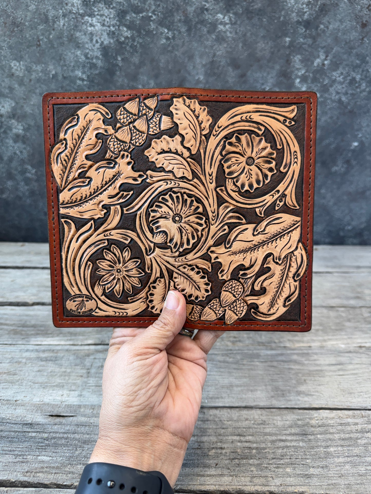 Floral Carved Leather Roper Style Long Wallet