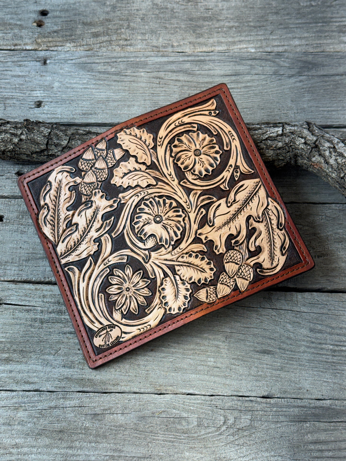 Floral Carved Leather Roper Style Long Wallet