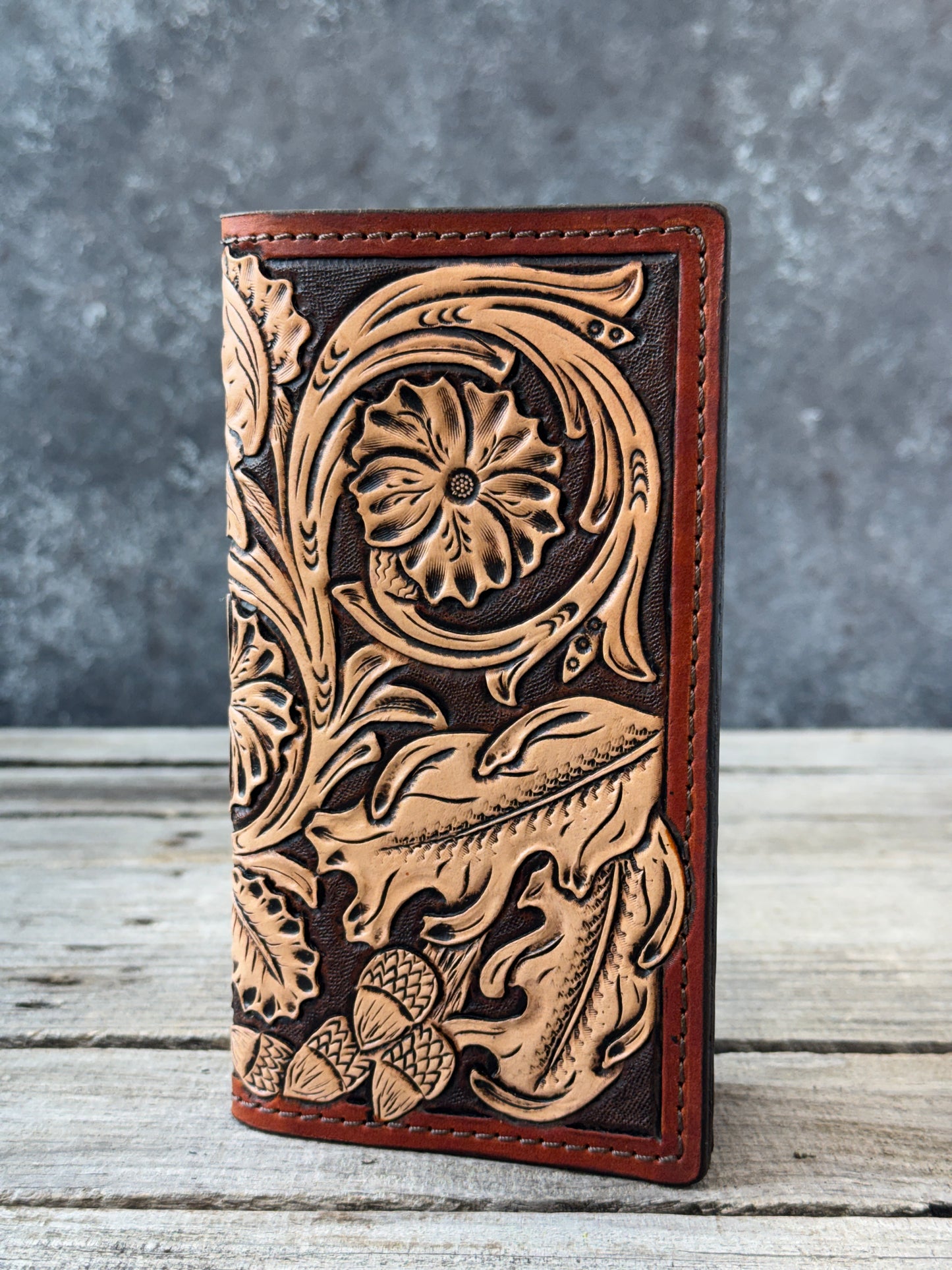 Floral Carved Leather Roper Style Long Wallet