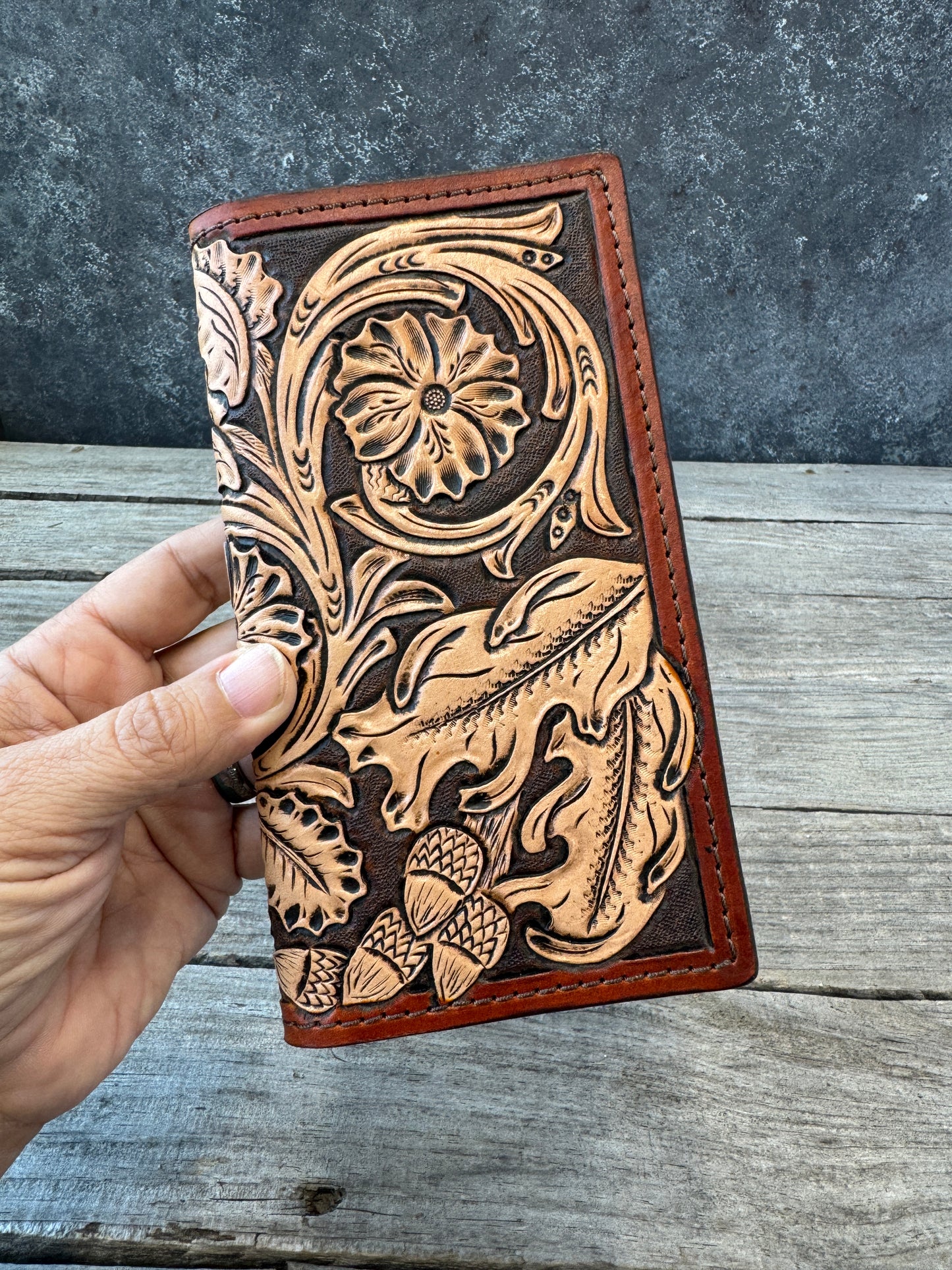 Floral Carved Leather Roper Style Long Wallet