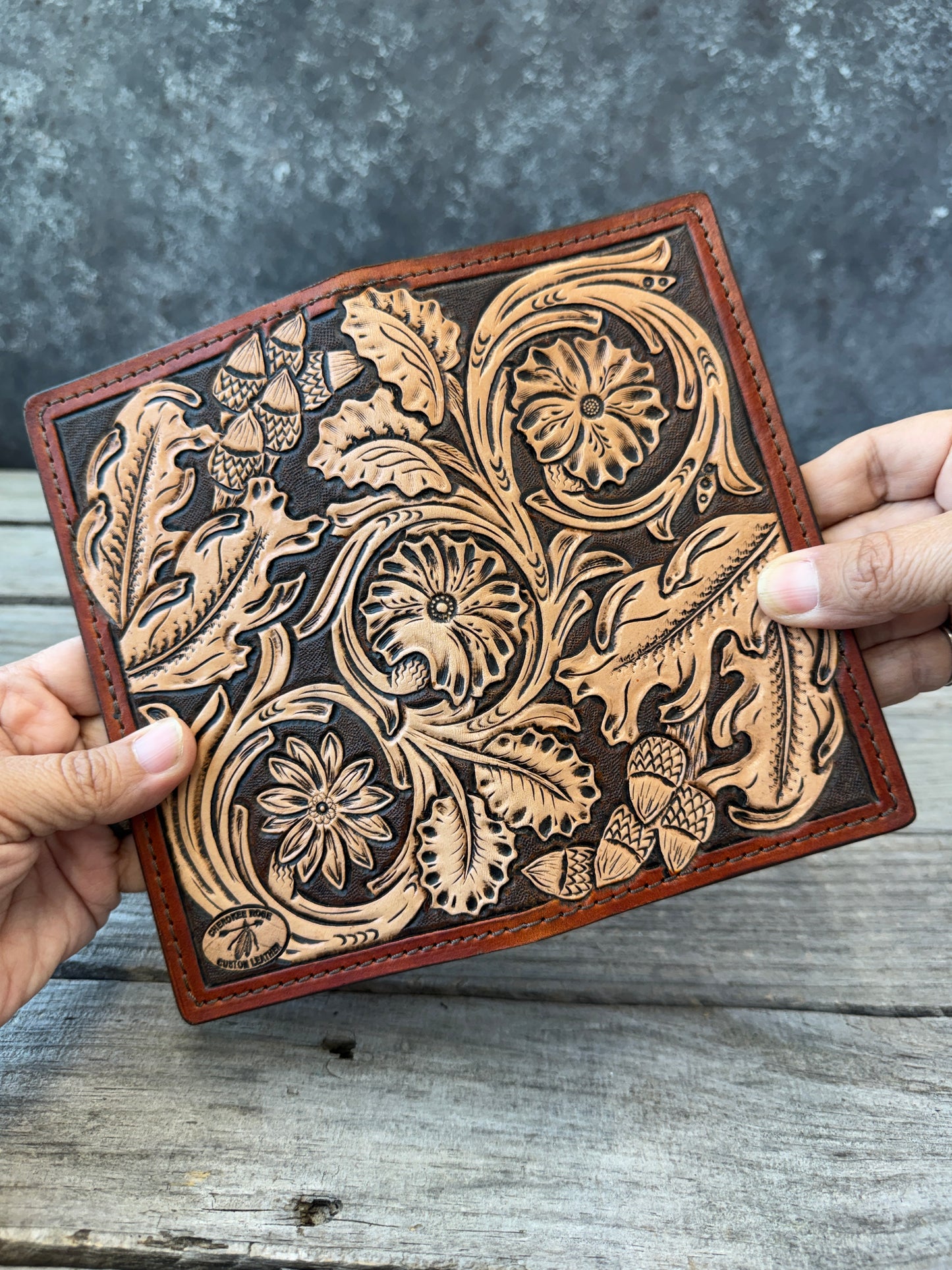 Floral Carved Leather Roper Style Long Wallet