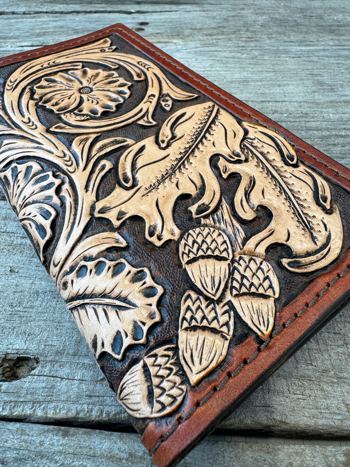 Floral Carved Leather Roper Style Long Wallet