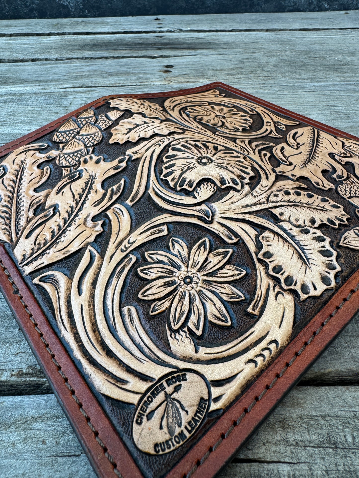 Floral Carved Leather Roper Style Long Wallet