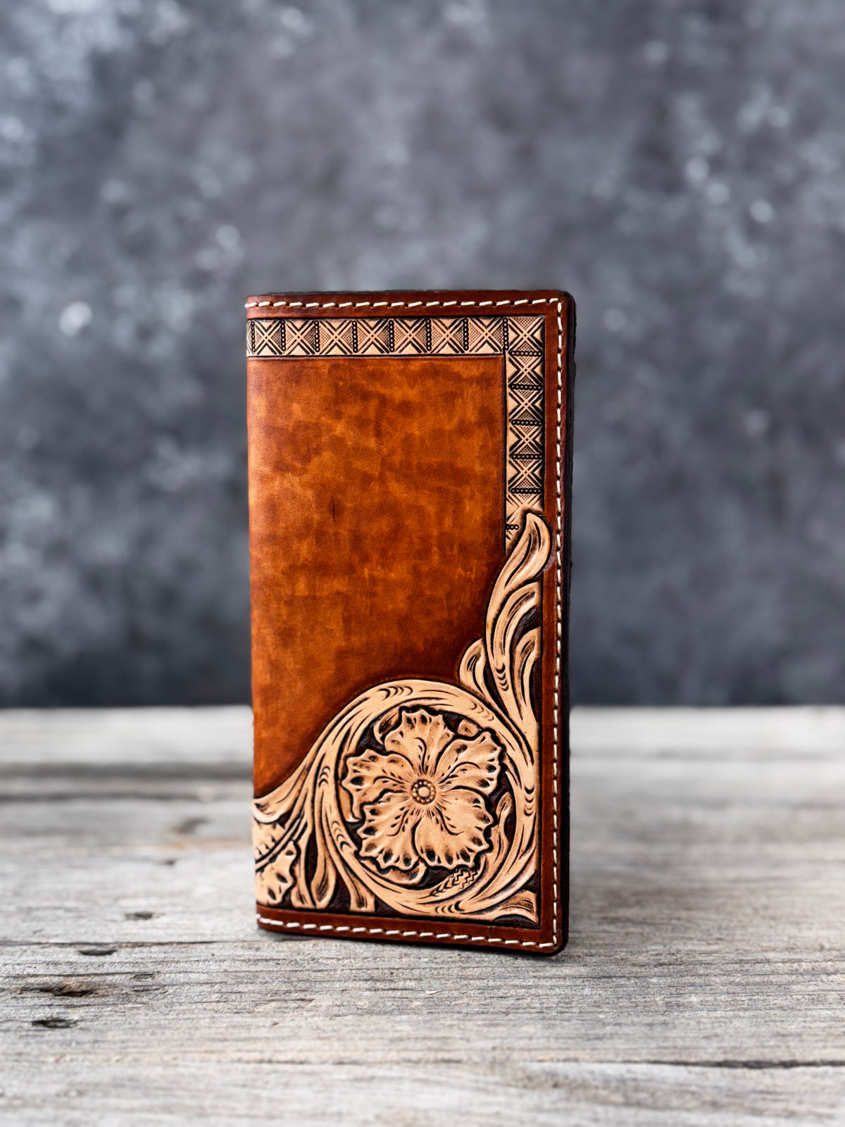 Hand Carved Floral Leather Roper Wallet – Spanish Brown