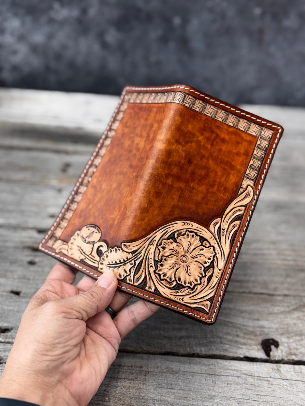 Hand Carved Floral Leather Roper Wallet – Spanish Brown
