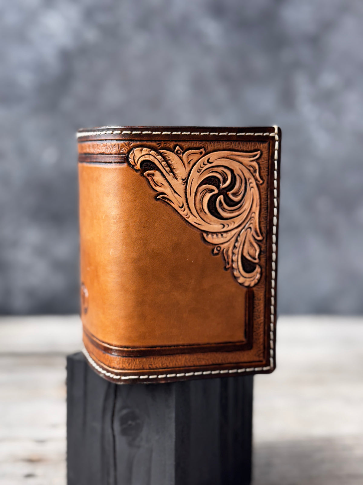 Hand Carved Western Floral Leather Trifold Wallet