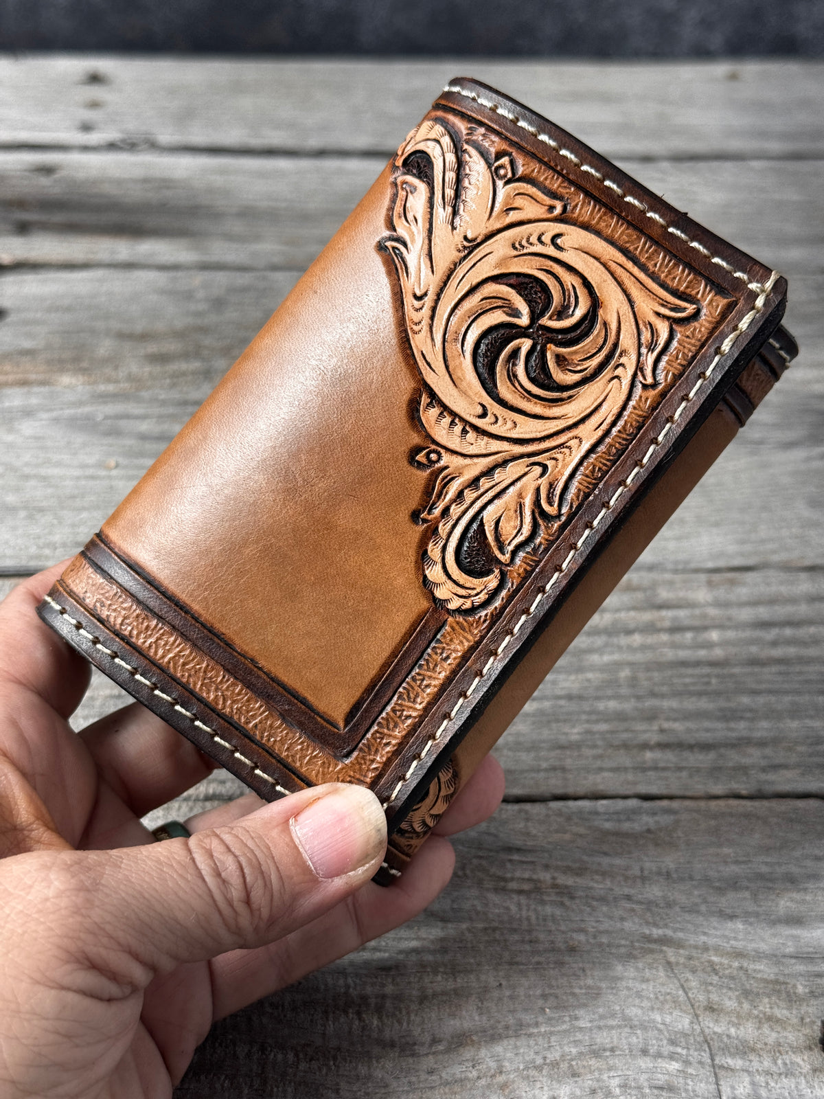 Hand Carved Western Floral Leather Trifold Wallet