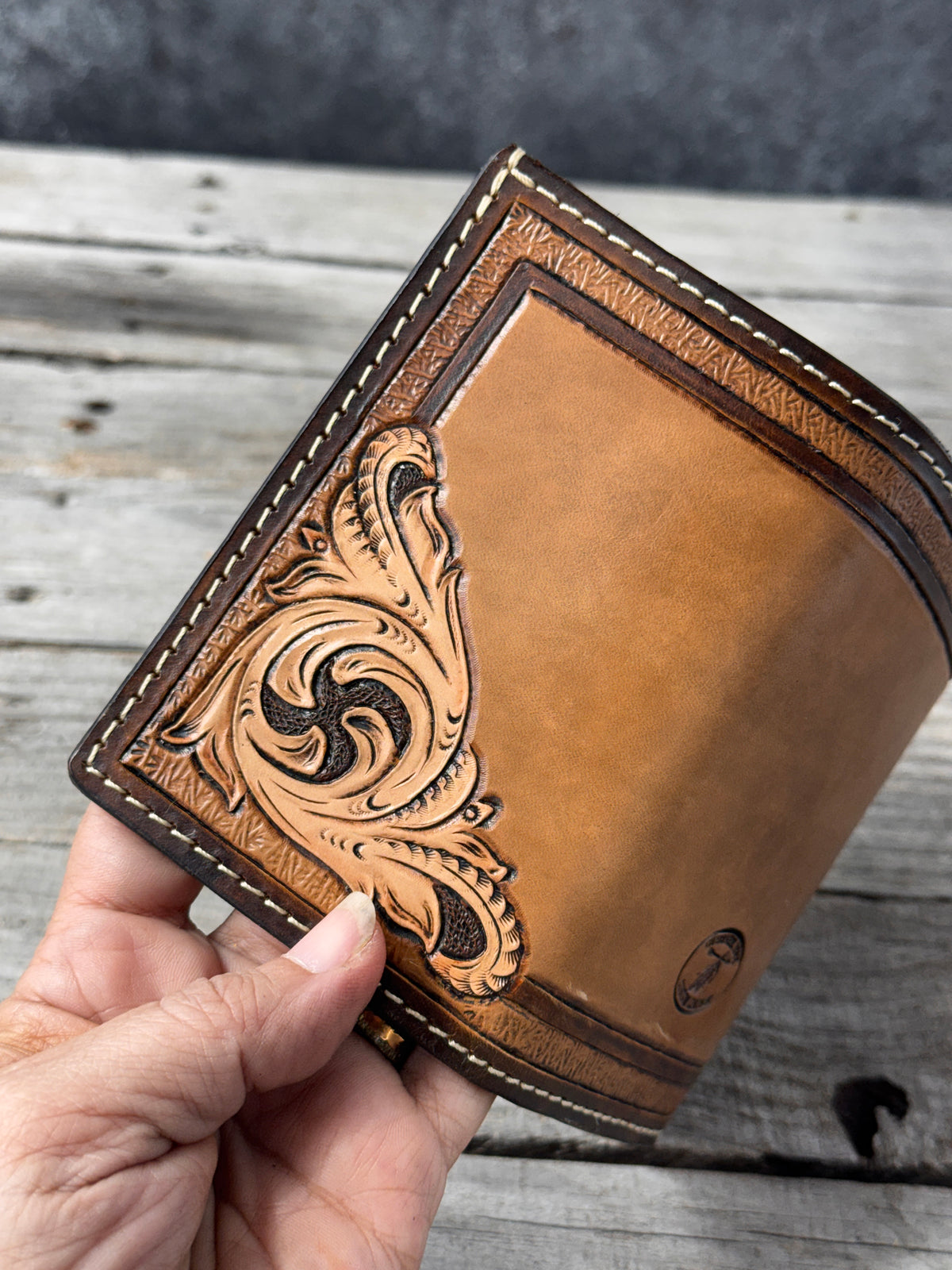 Hand Carved Western Floral Leather Trifold Wallet
