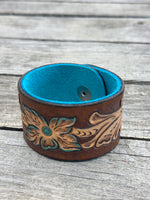 Narrow Floral Scrollwork Leather Cuff Bracelet