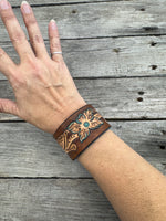 Narrow Floral Scrollwork Leather Cuff Bracelet