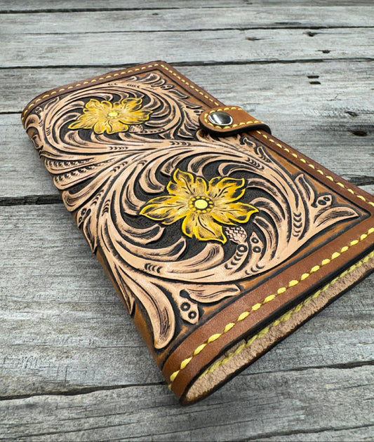 hand stitched leather phone case with yellow thread detail