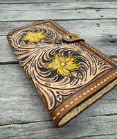 hand stitched leather phone case with yellow thread detail