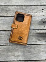 Hand Tooled Leather Phone Wallet Case – Floral Carved iPhone 15 Pro Max Wallet