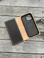 Hand Tooled Leather Phone Wallet Case – Floral Carved iPhone 15 Pro Max Wallet