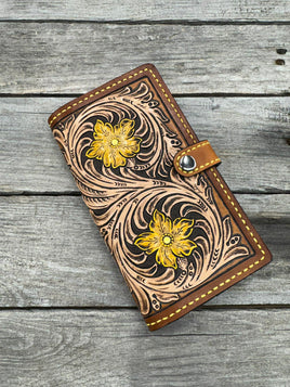 hand tooled leather phone wallet case floral carved yellow flowers