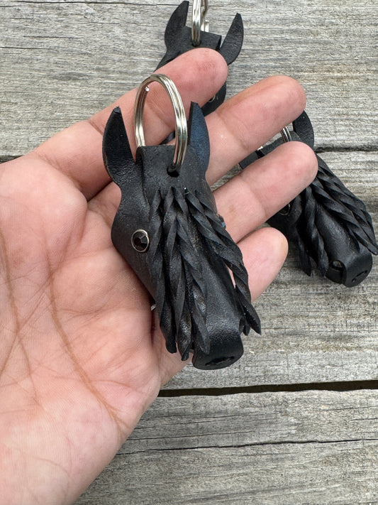 Hand Painted Friesian Horse Head Leather Keychain