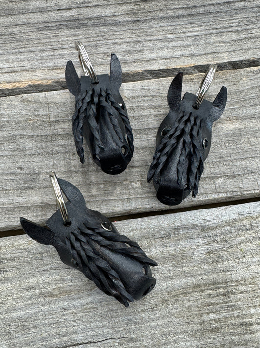 Hand Painted black friesian horsehead leather keychain