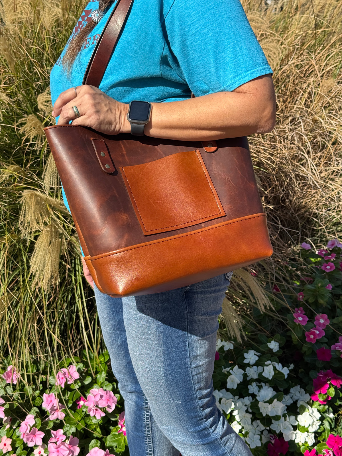 Two-Tone Full-Grain Leather Tote Bag