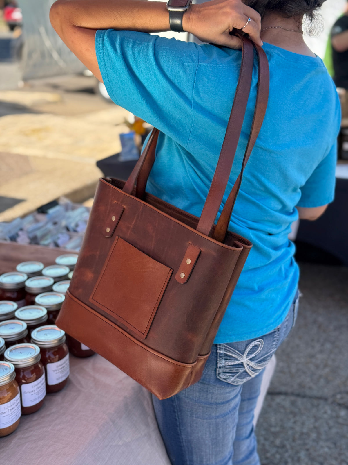 Two-Tone Full-Grain Leather Tote Bag