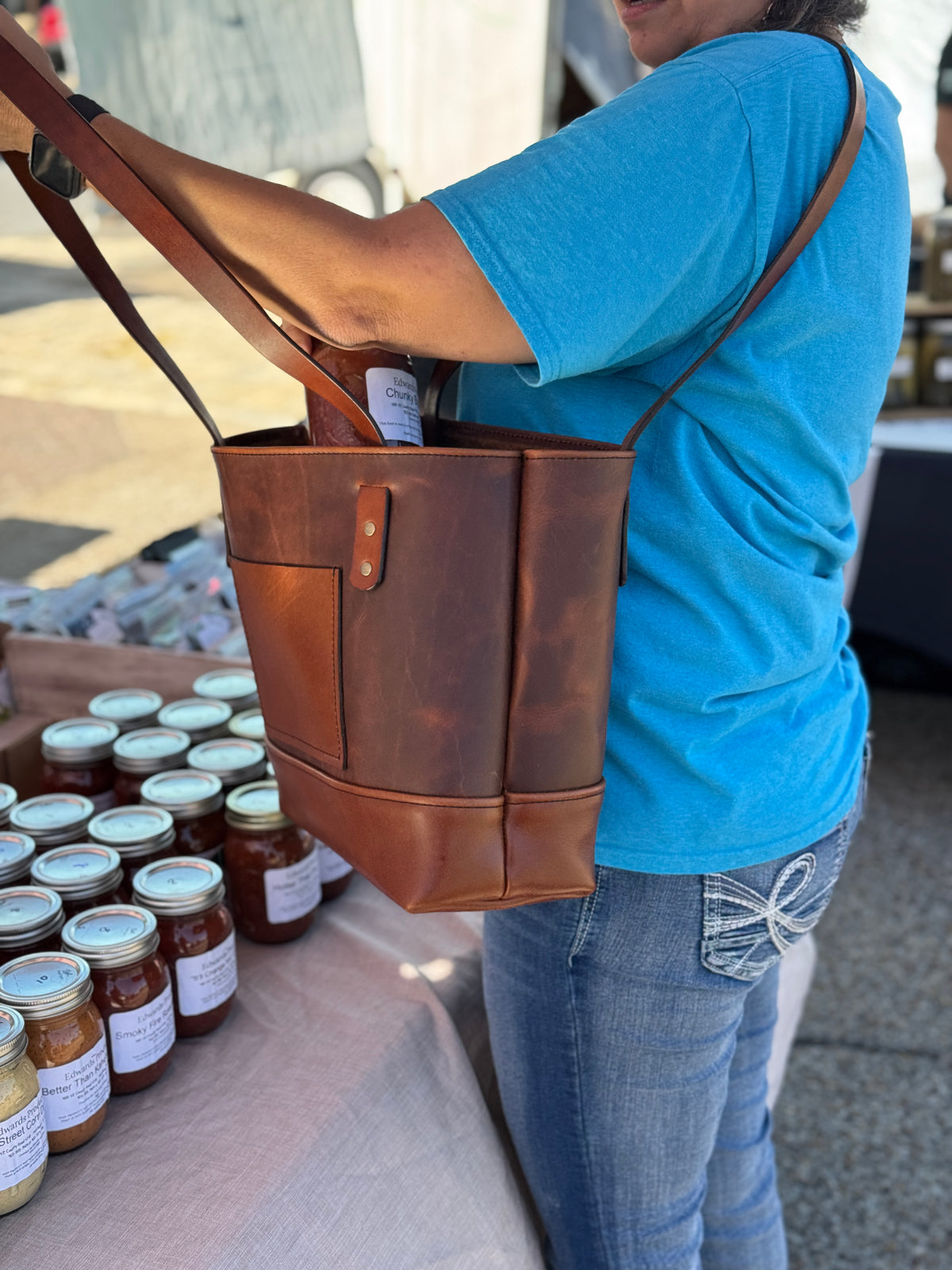 Two-Tone Full-Grain Leather Tote Bag