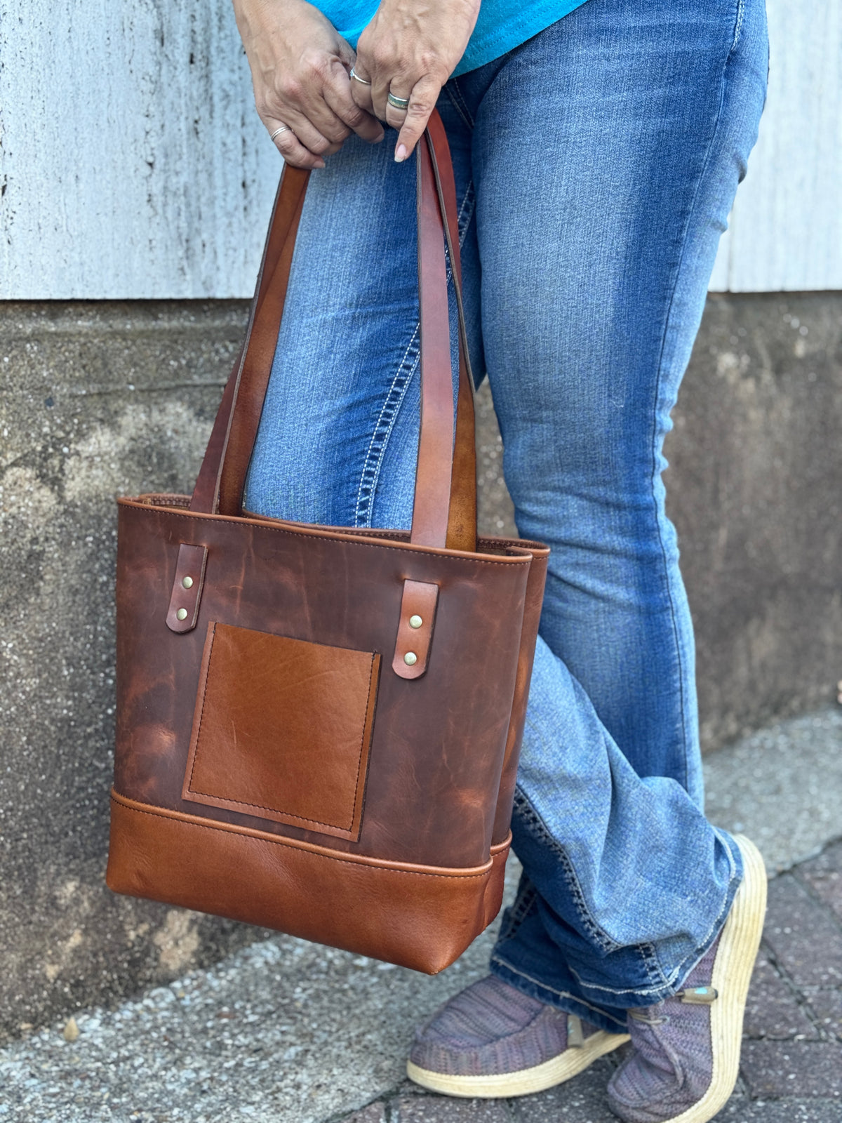Two-Tone Full-Grain Leather Tote Bag