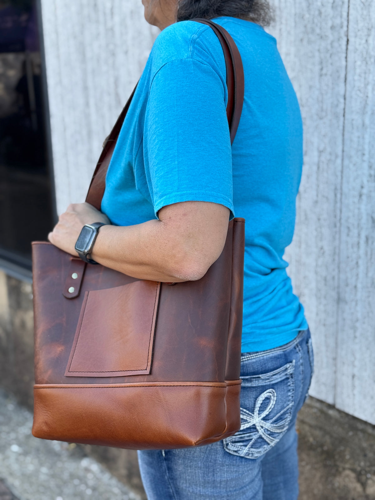 Two-Tone Full-Grain Leather Tote Bag