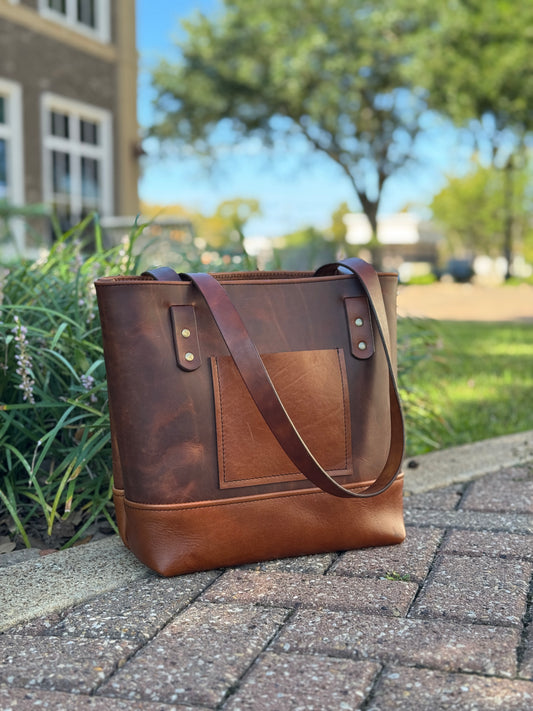 Two-Tone Full-Grain Leather Tote Bag