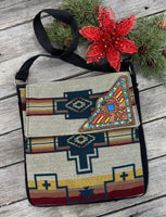 Southwest woven messenger bag with hand-painted leather Thunderbird patch, handmade by Cherokee Rose Custom Leather in East Texas.