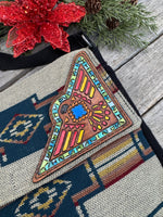 Southwest woven messenger bag with hand-painted leather Thunderbird patch, handmade by Cherokee Rose Custom Leather in East Texas.