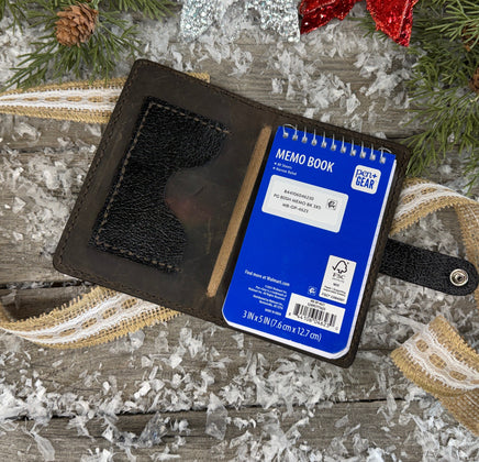 Hand-carved feather and floral leather memo pad holder in English Bridle brown with black accents, handmade by Cherokee Rose Custom Leather.