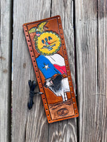Brahma Bull and Texas Flag Painted Leather Show Stick Wrap