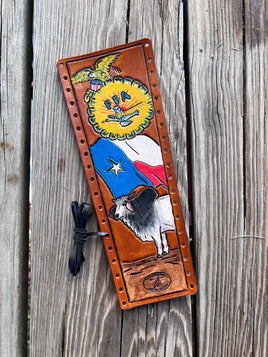 Brahma Bull and Texas Flag Painted Leather Show Stick Wrap