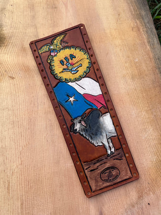 Brahma Bull and Texas Flag Painted Leather Show Stick Wrap