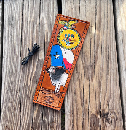 Brahma Bull and Texas Flag Painted Leather Show Stick Wrap