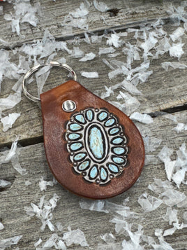 Oval Sleeping Beauty Stamped Turquoise Leather Key Fob